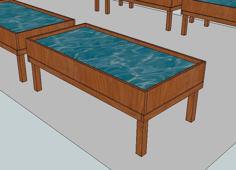 A CAD render of the grow beds filled with water, seen in perspective.