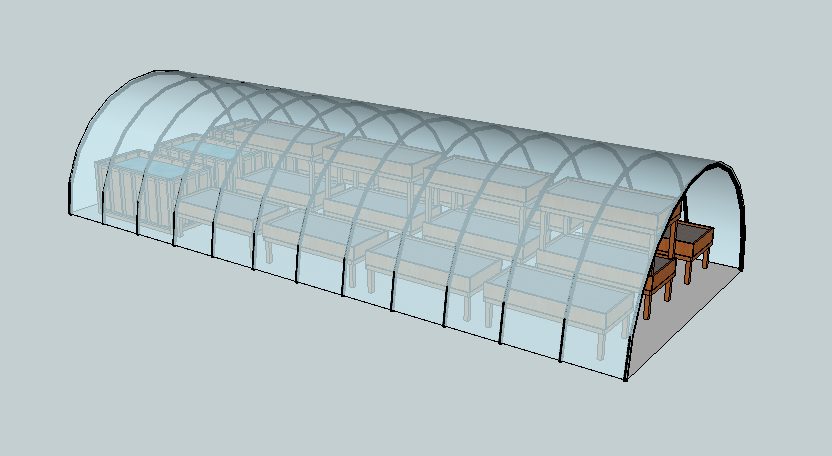 A CAD render of the hoop house structure showing the rib spacing and covering.
