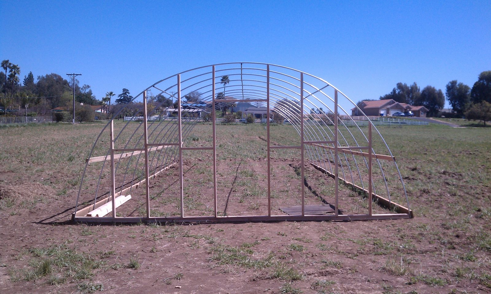 The full run of bent conduit ribs standing in the field with timber end wall framing and base boards, before any covering went on, the Fallbrook hillside and houses behind.