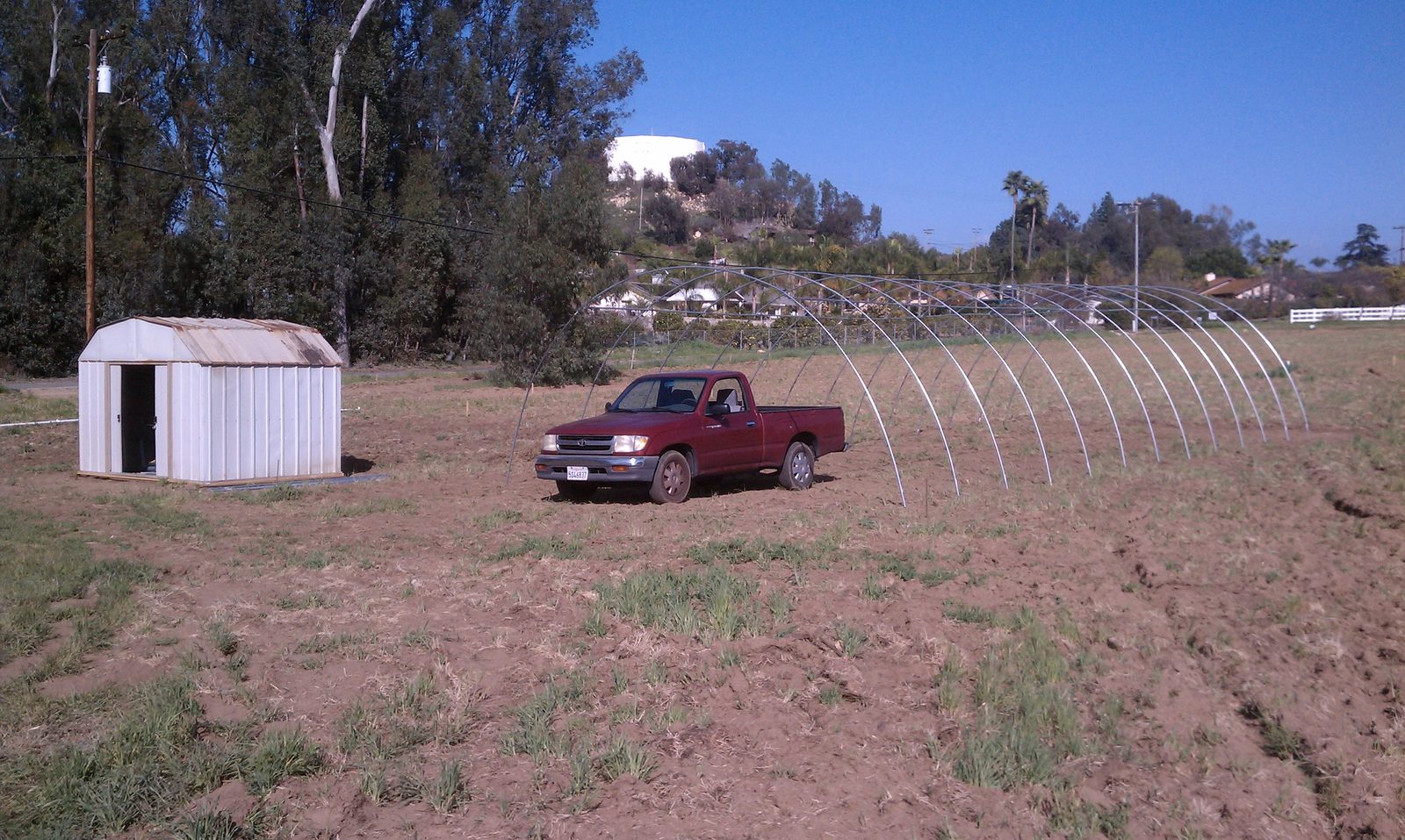 The row of erected ribs in the field with the rebuilt shed and the truck beside it.