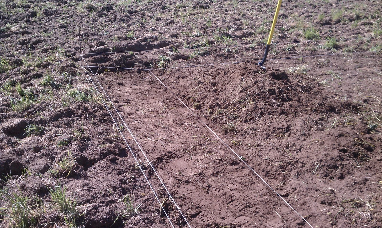 A shallow trench dug along a string line, with a stake at the corner.