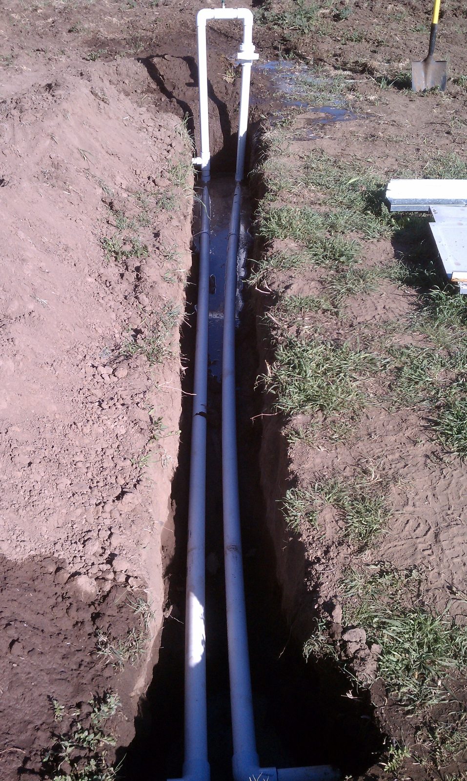 Blue polyethylene water line laid in a narrow open trench with a white PVC riser.