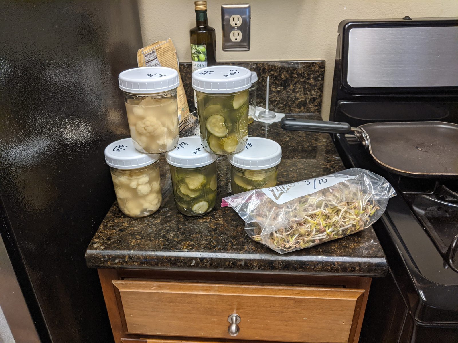 Six labeled jars of cucumber pickles lined up along a granite counter beside a bag of sprouted seeds and a bottle of oil.