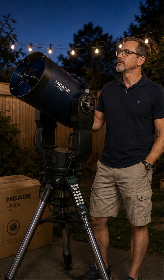 Standing with a Meade LX200 telescope in the backyard at dusk