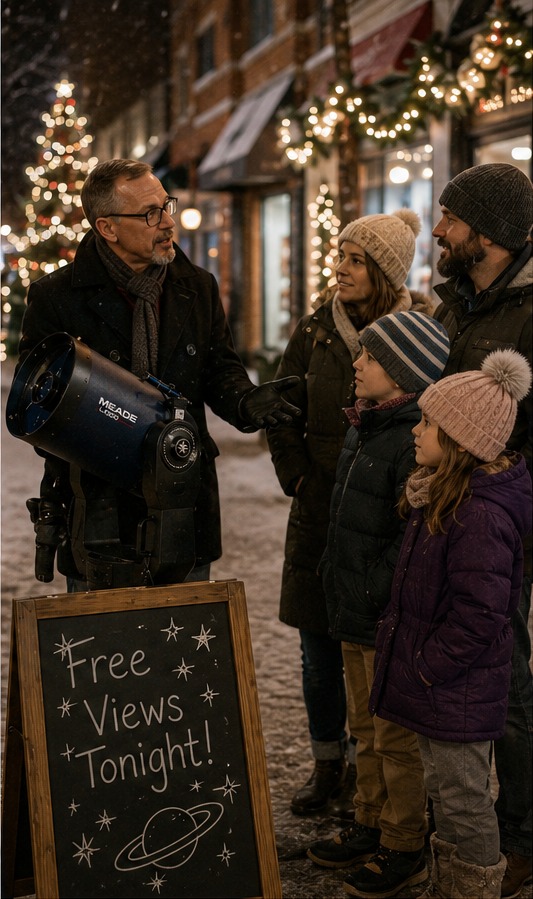 Showing a family the telescope on a snowy sidewalk with a Free Views Tonight chalkboard sign